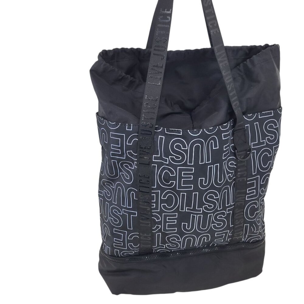 JUSTICE logo black drawstring tote bag ~ overnight, dance, sports, adventure!